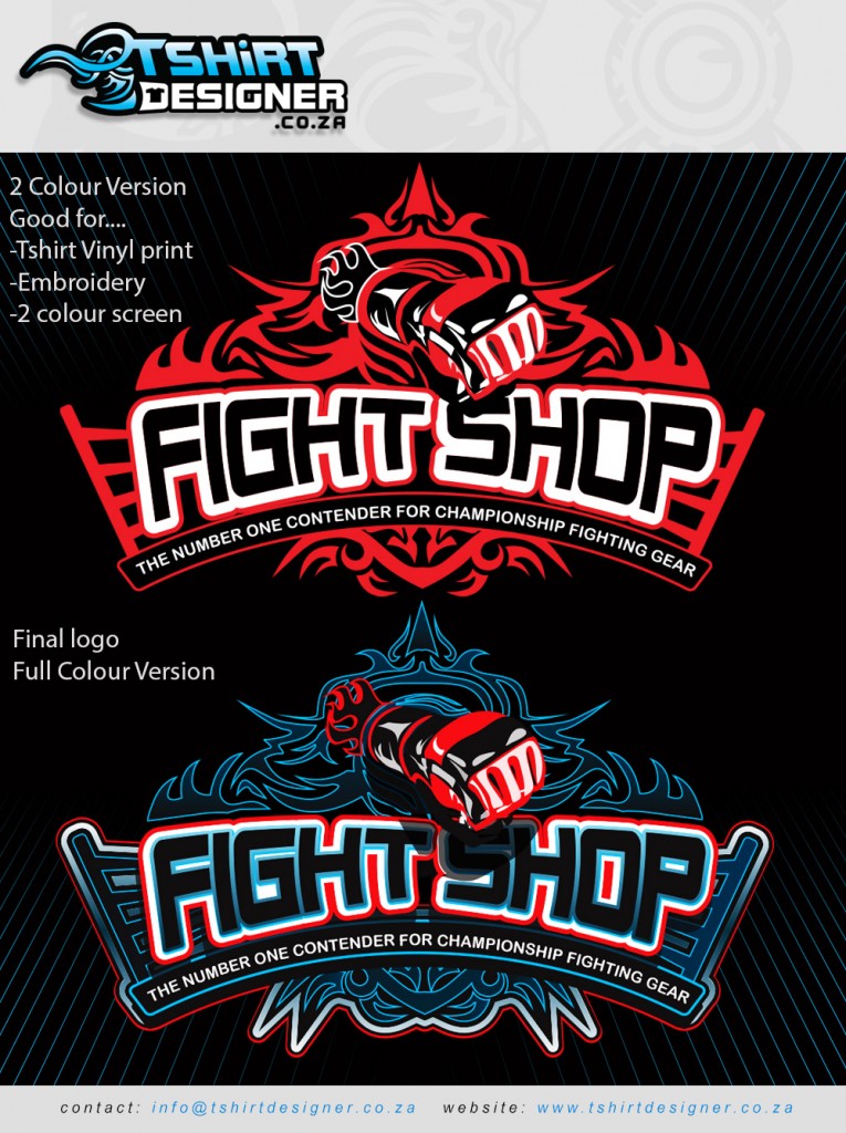 2 colour design, 2 colour print, 2 colour printing, 2 color, 2 color design, 2 color logo design, 2 color tshirt printing, fight shop logo design, fist logo, tribal logo